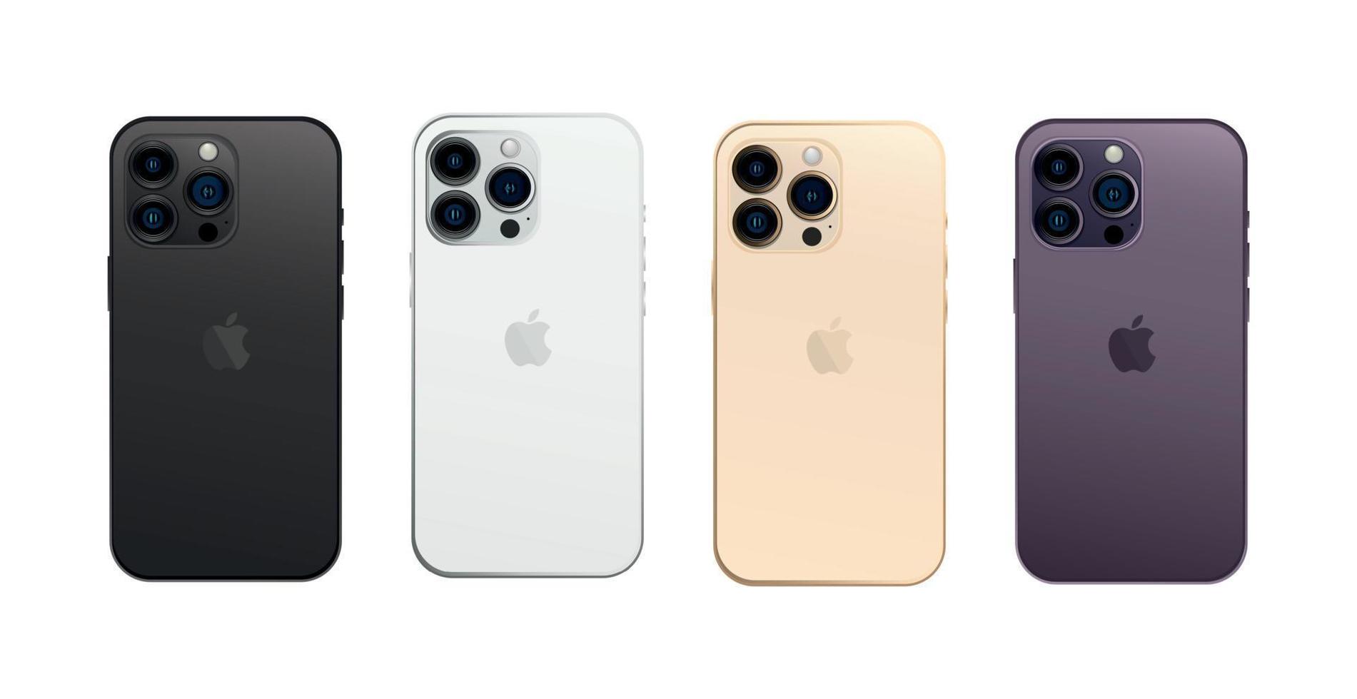 neues apple iphone 14 pro, modernes smartphone-gadget, satz mit 4 stück neuen originalfarben - vektor