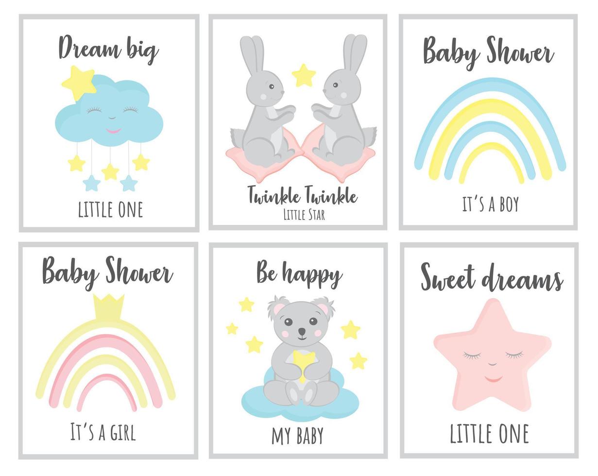 niedliche vektor handgezeichnete neugeborene kartensammlung. satz niedlicher babypartykarten einschließlich wolken, sterne, häschen, koala. Geschenkkarten und Einladung. Baby-Dusche-Feier-Konzept.