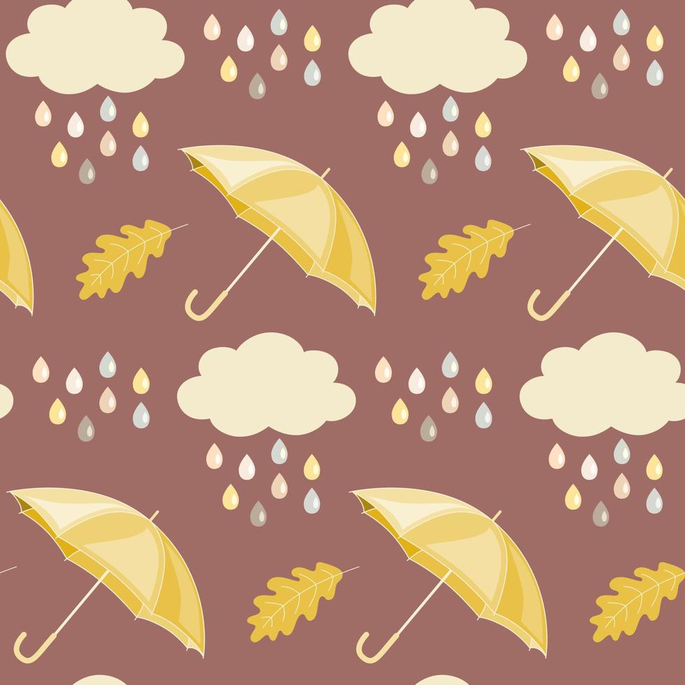 nahtloses muster mit handgezeichneten regenschirmen, wolken und regentropfen. Hintergrund in warmen Herbstfarben. Erntedank-, Halloween- oder Erntedekoration, Scrapbooking, Tapeten, Geschenkpapier. vektor