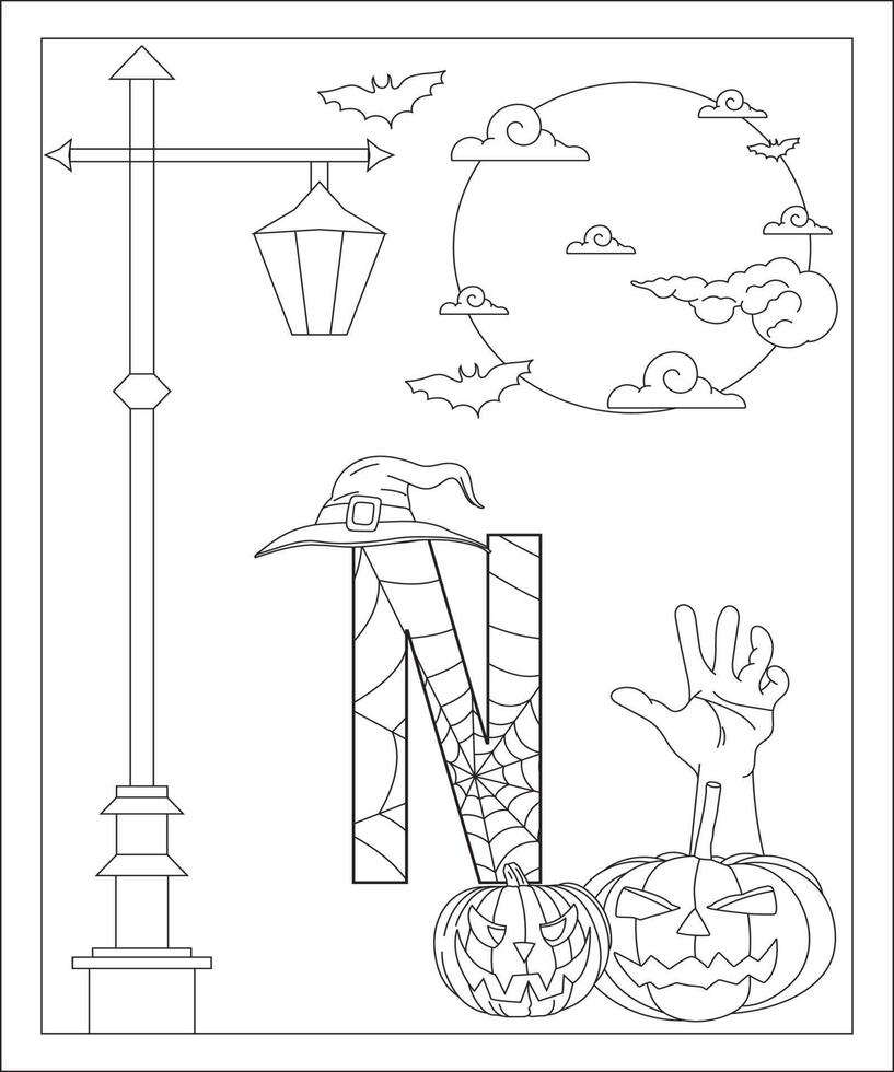 Alphabet-Malseite mit Halloween-Stil. abc malseite - buchstabe n kostenloser vektor kostenloser vektor