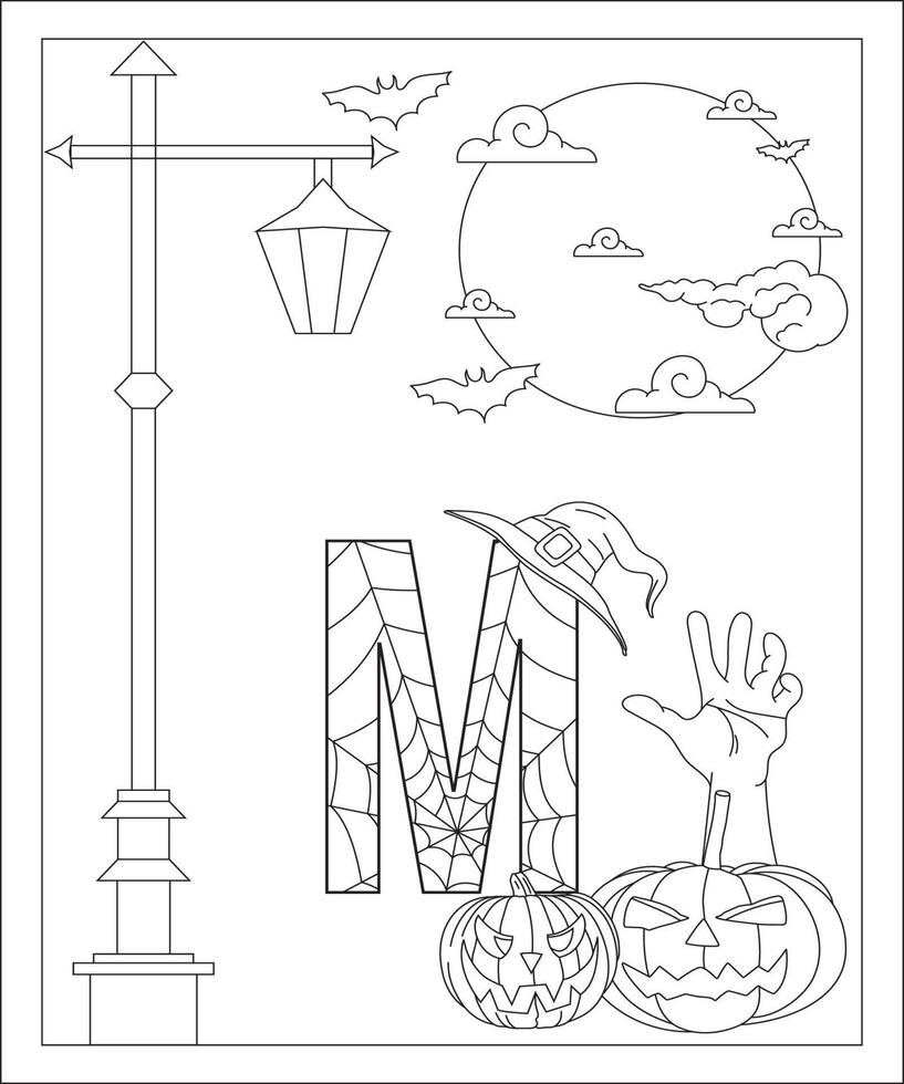 Alphabet-Malseite mit Halloween-Stil. abc malseite - buchstabe m kostenloser vektor kostenloser vektor