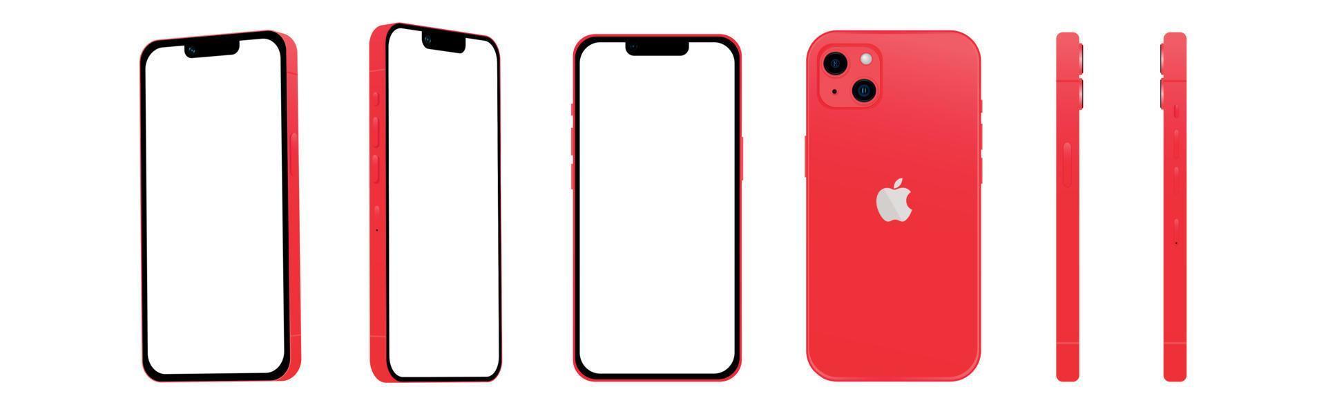 Satz von 6 Stück verschiedenen Winkeln, rotes Smartphone Apple iPhone 14 Modell, Neuheit der IT-Branche, Mockup für Webdesign auf weißem Hintergrund - Vektor