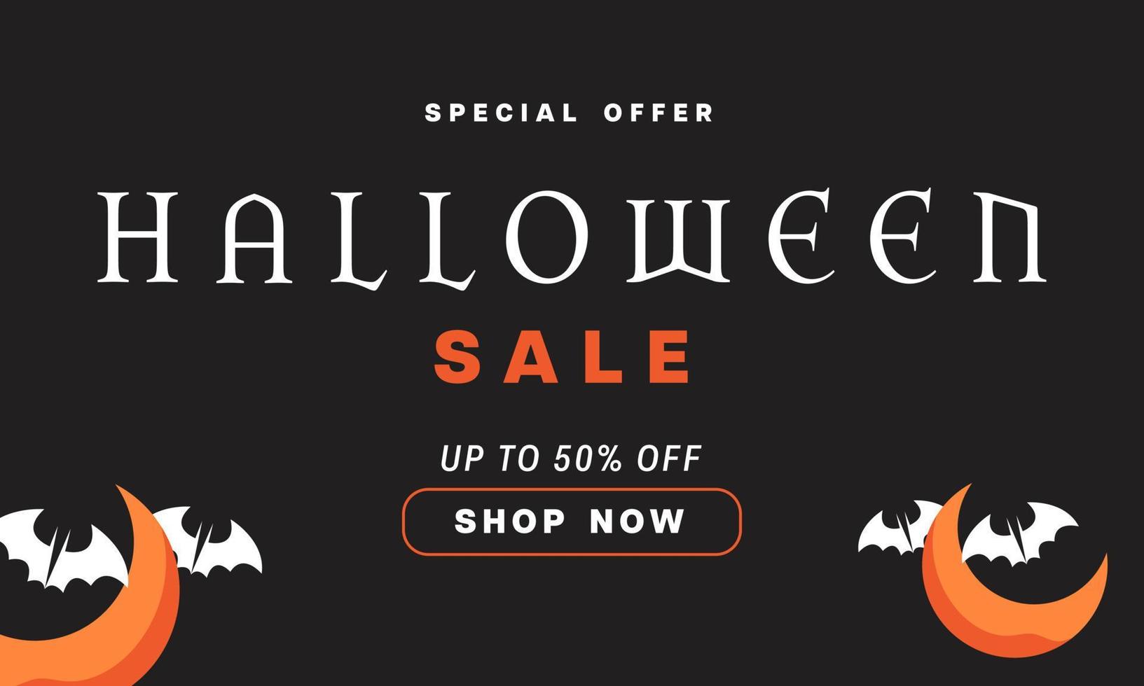 halloween horizontaler verkauf, rabattbanner. E-Mail-Marketing-Webbanner. schwarzes hintergrundbanner mit spinne, spinnennetz, halloween-typografie und kalligrafie. dunkelschwarze bannerillustration. vektor