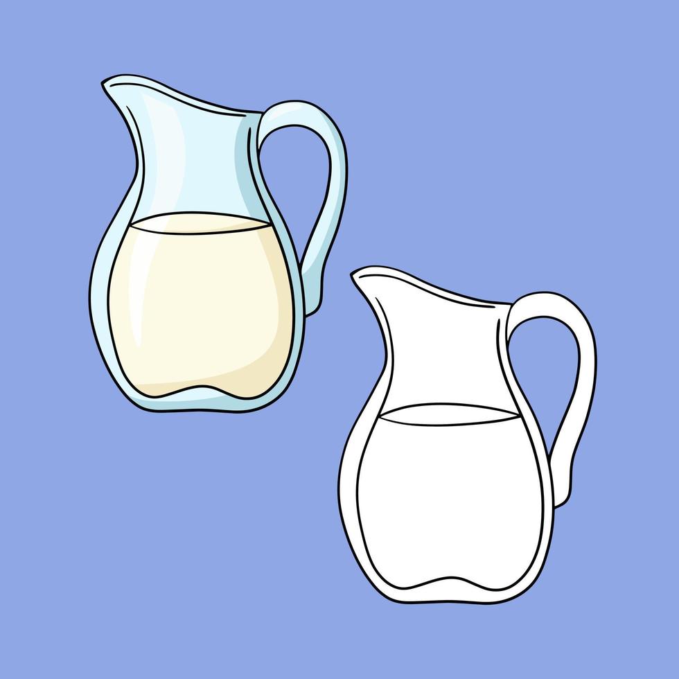 en uppsättning av bilder, en lång glas kanna med mjölk, grädde, en vektor illustration i tecknad serie stil på en färgad bakgrund