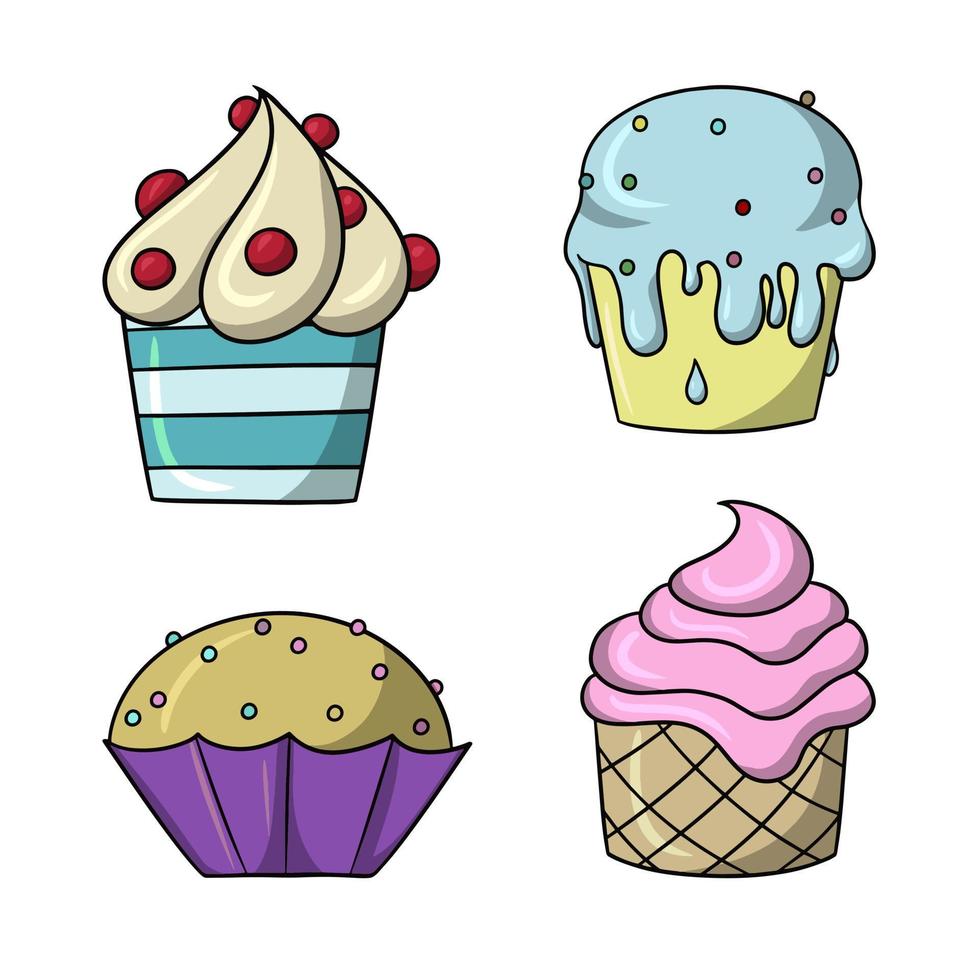en uppsättning av ikoner, färgrik utsökt muffins med delikat frukt grädde och socker smulor, vektor illustration i tecknad serie stil på en vit bakgrund