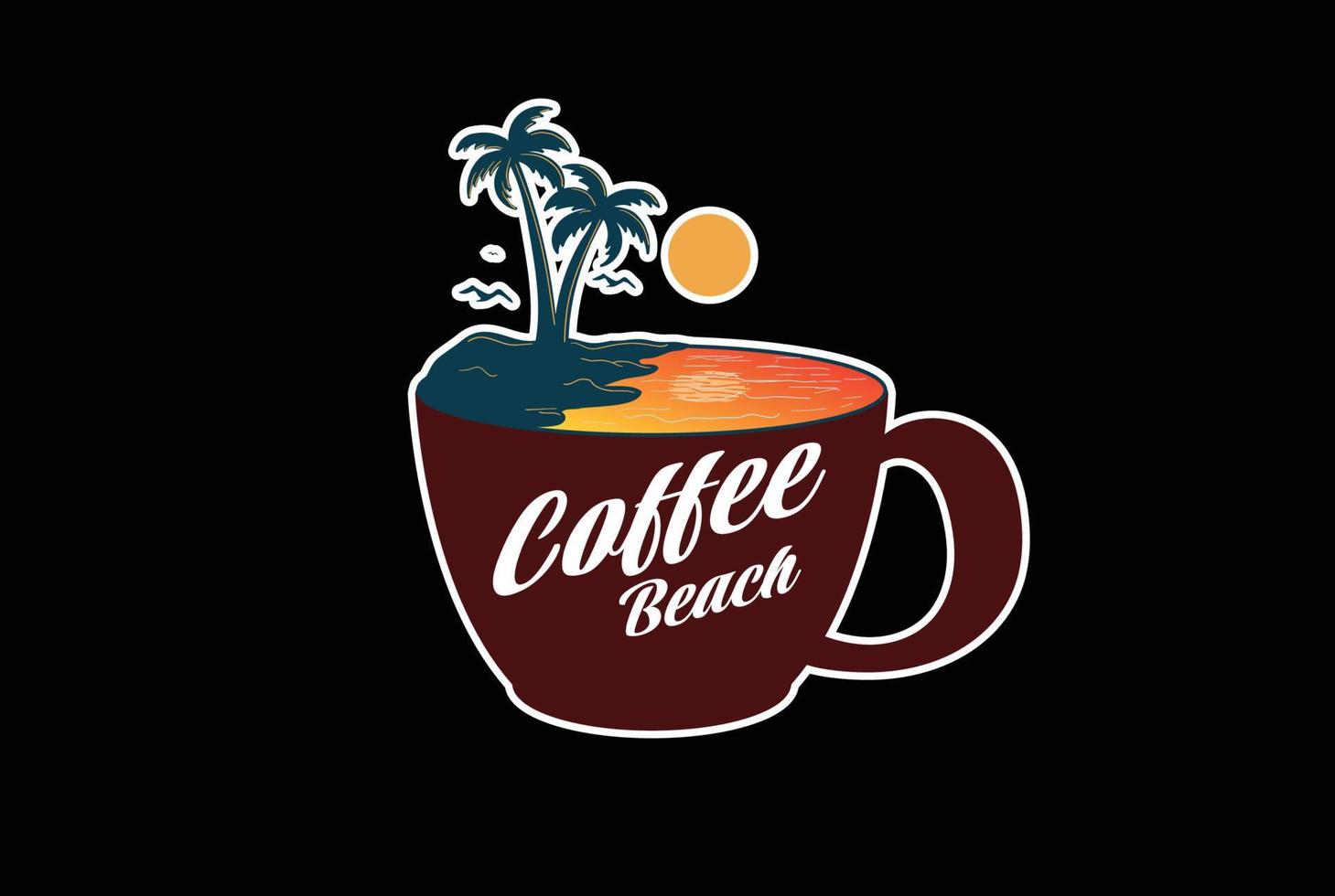 Sunset Sea Wave Beach mit Kaffeebecher Tasse für Café-Restaurant-Logo-Design vektor