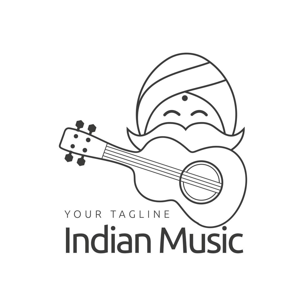 indisk leende ansikte man logotyp tecknad serie illustration design, gitarr symbol, cirkulär turban vektor ikon