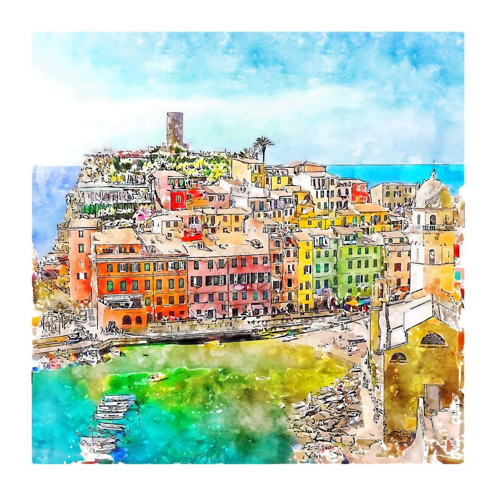 vernazza italien aquarellskizze handgezeichnete illustration vektor