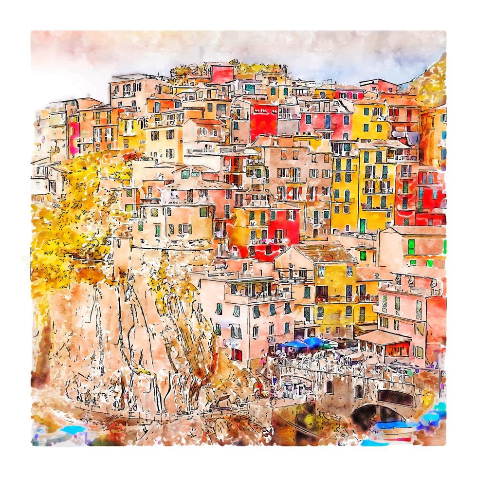 schöne stadt manarola italien aquarellskizze handgezeichnete illustration vektor