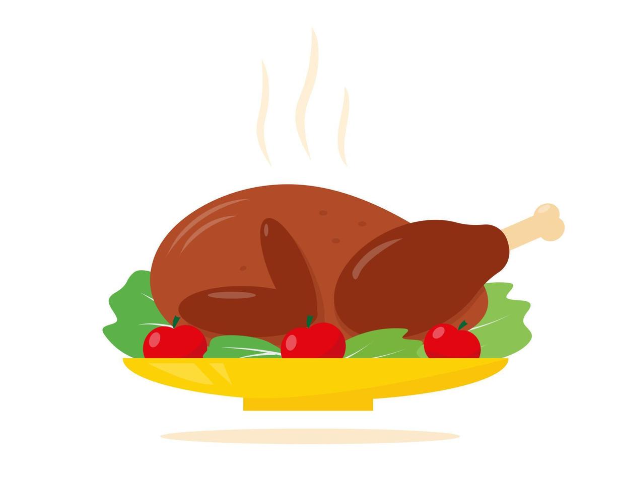 Gebratener Truthahn oder Huhn auf Teller mit Gemüse zum Erntedankfest oder Weihnachtsessen. Vektor-Illustration isoliert auf weißem Hintergrund. vektor