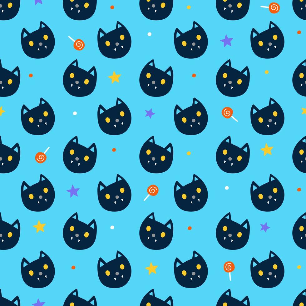 söt Lycklig halloween svart katt katter tecknad serie sömlös mönster vektor blå bakgrund spöke stjärna klubba godis