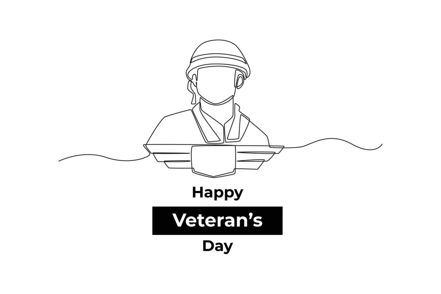 ett kontinuerlig linje teckning av manlig soldat i enhetlig med basker i veteraner dag begrepp. enda linje dra design vektor grafisk illustration.