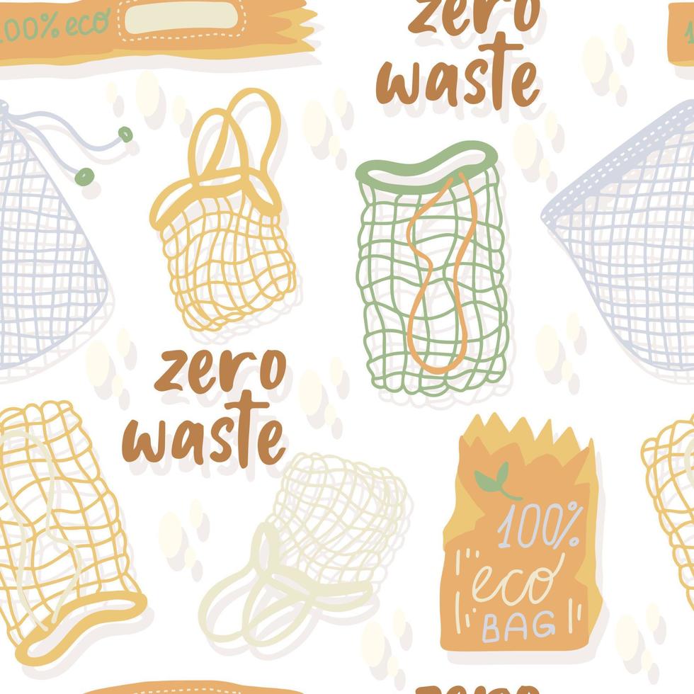 Mesh- oder Mesh-Einkaufstaschen für umweltfreundliches Wohnvektor-nahtloses Muster. Fashion Buyer des veganen Zero Waste Konzepts. bunte handgezeichnete Vektorgrafik für Banner, Postkarten, Poster. vektor