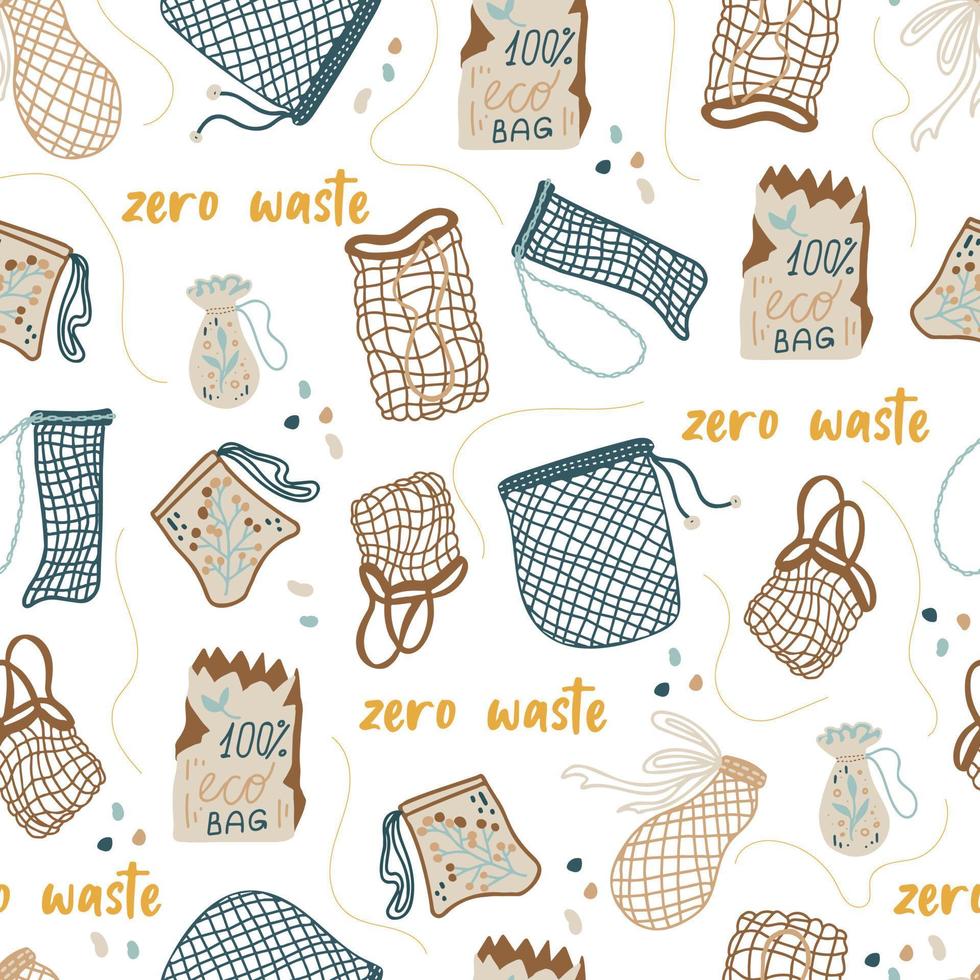 Mesh- oder Mesh-Einkaufstaschen für umweltfreundliches Wohnvektor-nahtloses Muster. Fashion Buyer des veganen Zero Waste Konzepts. bunte handgezeichnete Vektorgrafik für Banner, Postkarten, Poster. vektor