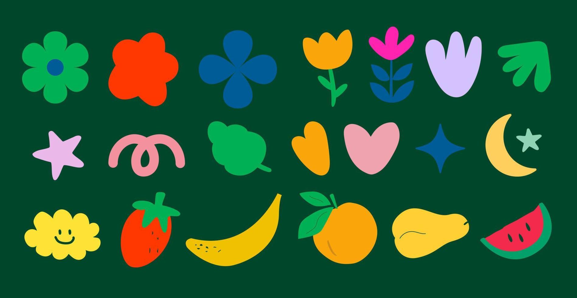 uppsättning av färgrik blommor och färsk frukt hand dragen klottra klotter linje konst skiss vektor illustration