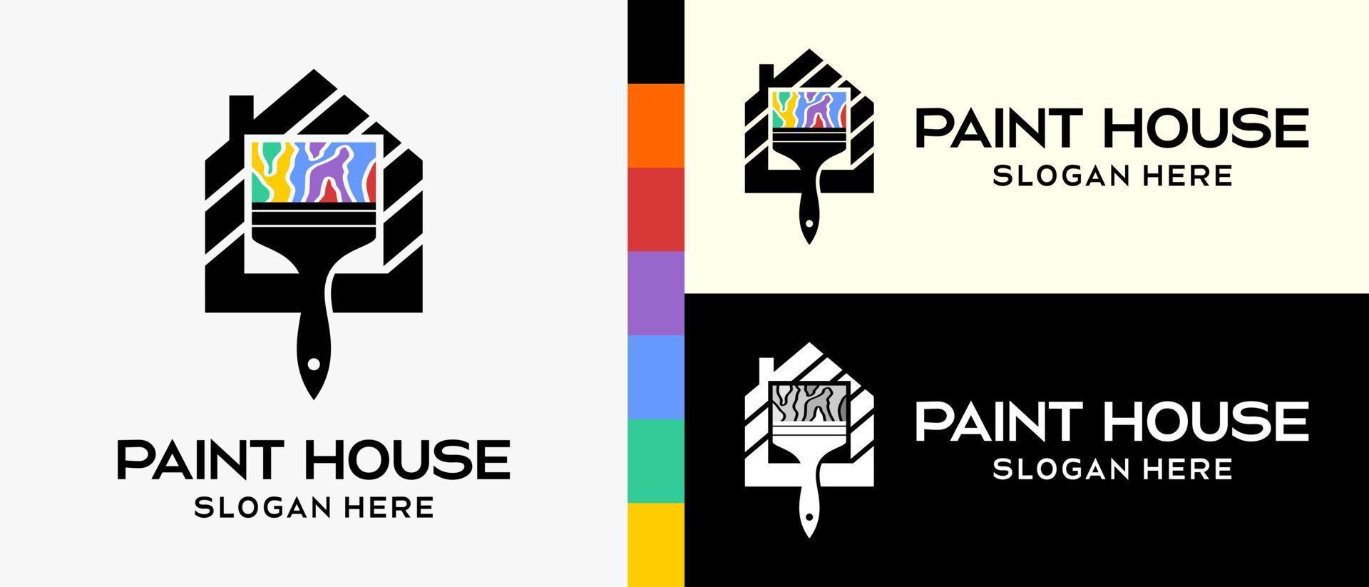 Häftigt byggnad måla logotyp design mall. paintbrush och hus i silhuett med regnbåge Färg begrepp element. vektor illustration av en logotyp för vägg eller byggnad måla. premie vektor