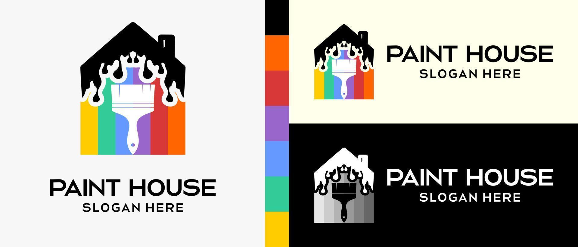coole Logo-Designvorlage für Gebäudefarbe. Pinsel und Haus in der Silhouette mit Regenbogenfarbkonzept. vektorillustration eines logos für wand- oder gebäudefarbe. Premium-Vektor vektor
