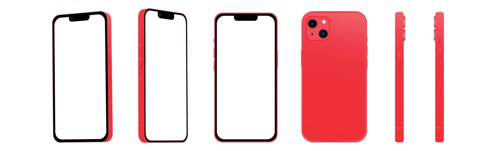 Satz von 6 Stück verschiedenen Winkeln, rotes Smartphone 14 Modelle, neue IT-Industrie, Mockup für Webdesign auf weißem Hintergrund - Vektor