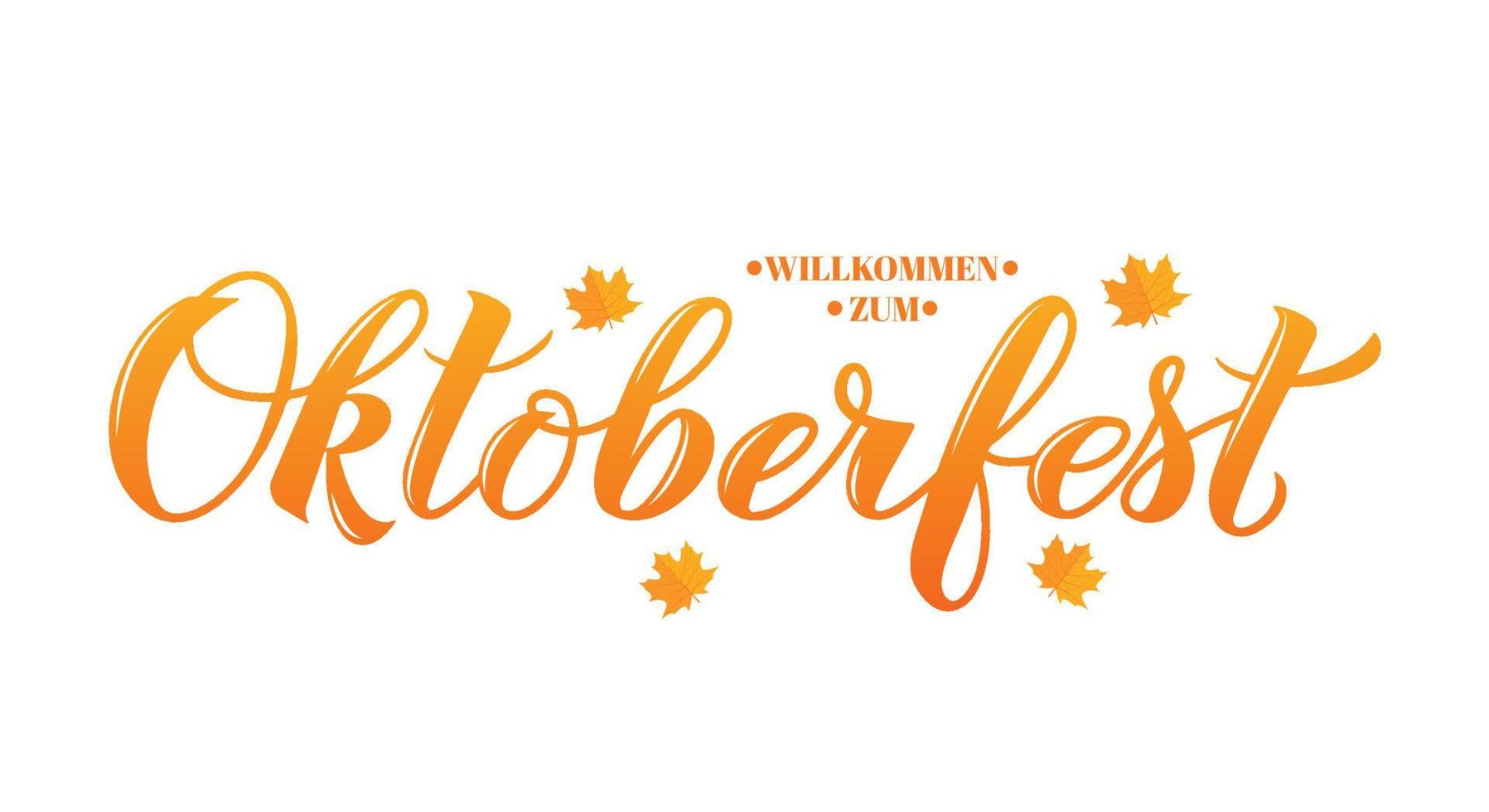 oktoberfest kalligrafi hand text med falla lönn löv. traditionell bavarian öl festival. lätt till redigera vektor mall för din logotyp design, affisch, baner, flygblad, t-tröja, inbjudan.