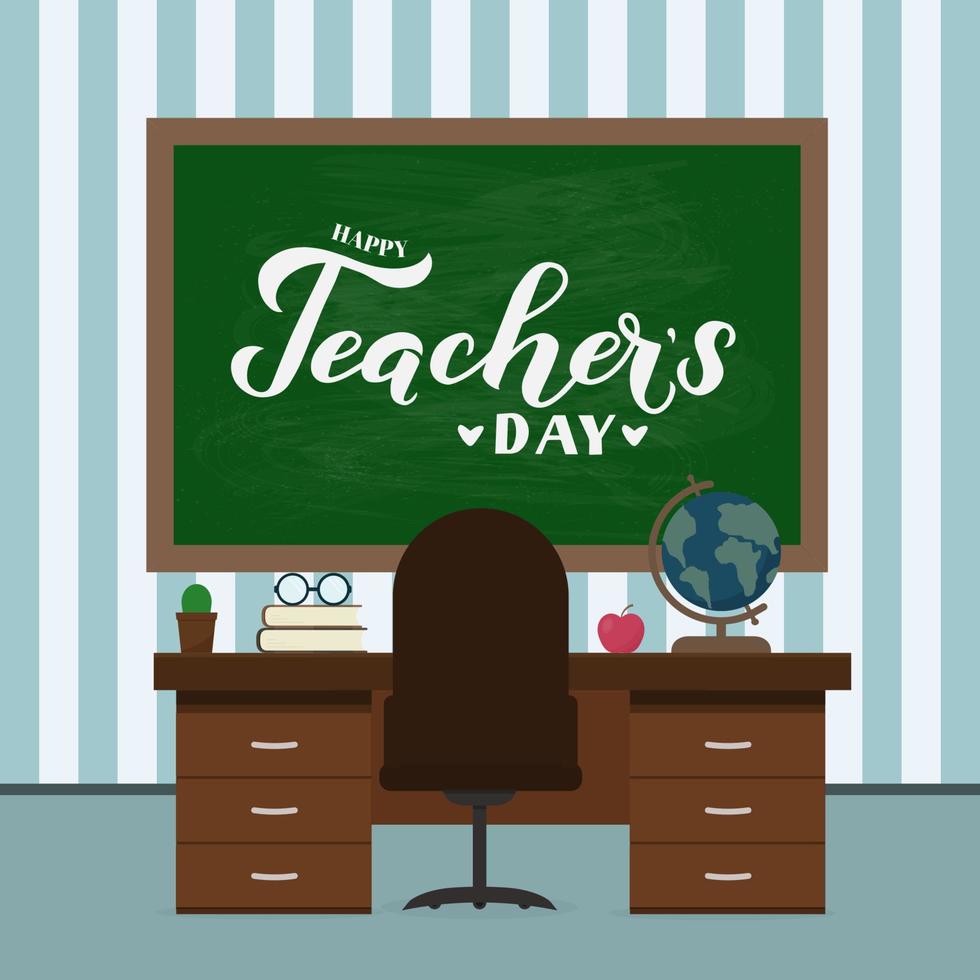 Happy Teachers Day Kalligrafie-Handschrift auf grünem Brett mit Holzrahmen und Deck. einfach zu bearbeitende Vektorvorlage für Typografie-Poster, Banner, Flyer, Grußkarten, Postkarten, Schilder usw. vektor
