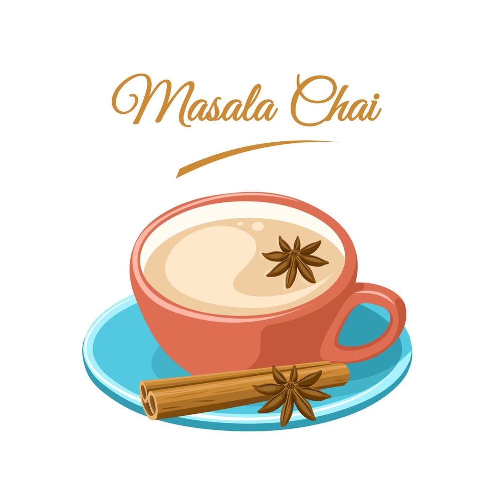 vektor illustration, masala chai, indisk dryck, svart te med mjölk och kryddor. isolerat på vit bakgrund.