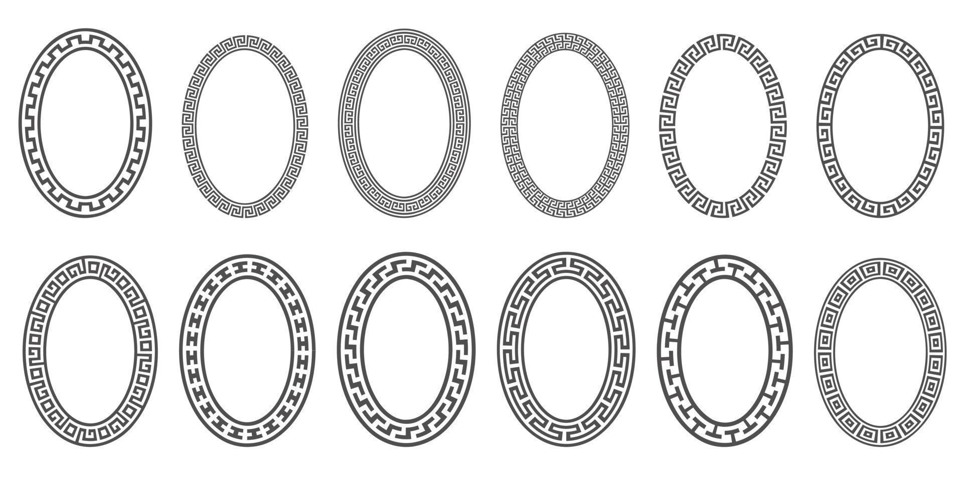 grekisk nyckel oval ram uppsättning. ellips gammal mönster. cirkel gränser med slingra sig ornament. vektor