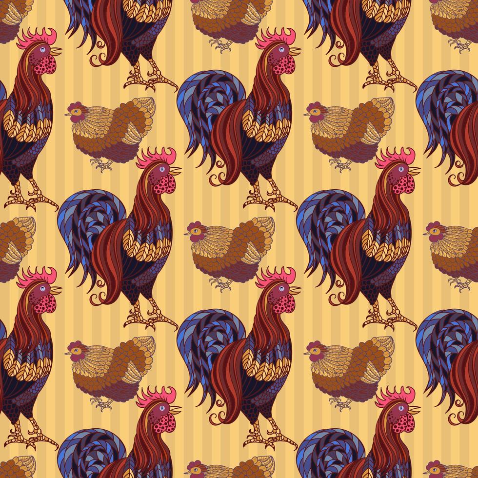 sömlös bakgrund med hand dragen tupp, hönor och kycklingar vektor