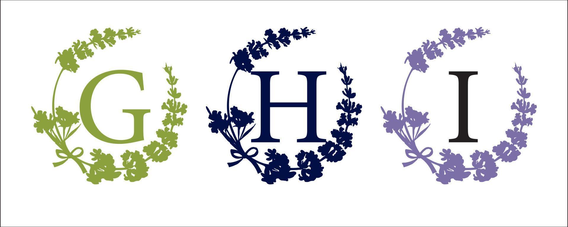 Ghi-Brief. stellen sie moderne handgezeichnete silhouettenskizzenillustrationen ein. Lavendelblumenkranz mit Alphabetmonogramm. gute idee für hochzeitsdeko. typografisches emblem des weinlesevektors, logo, etikettendesign. vektor