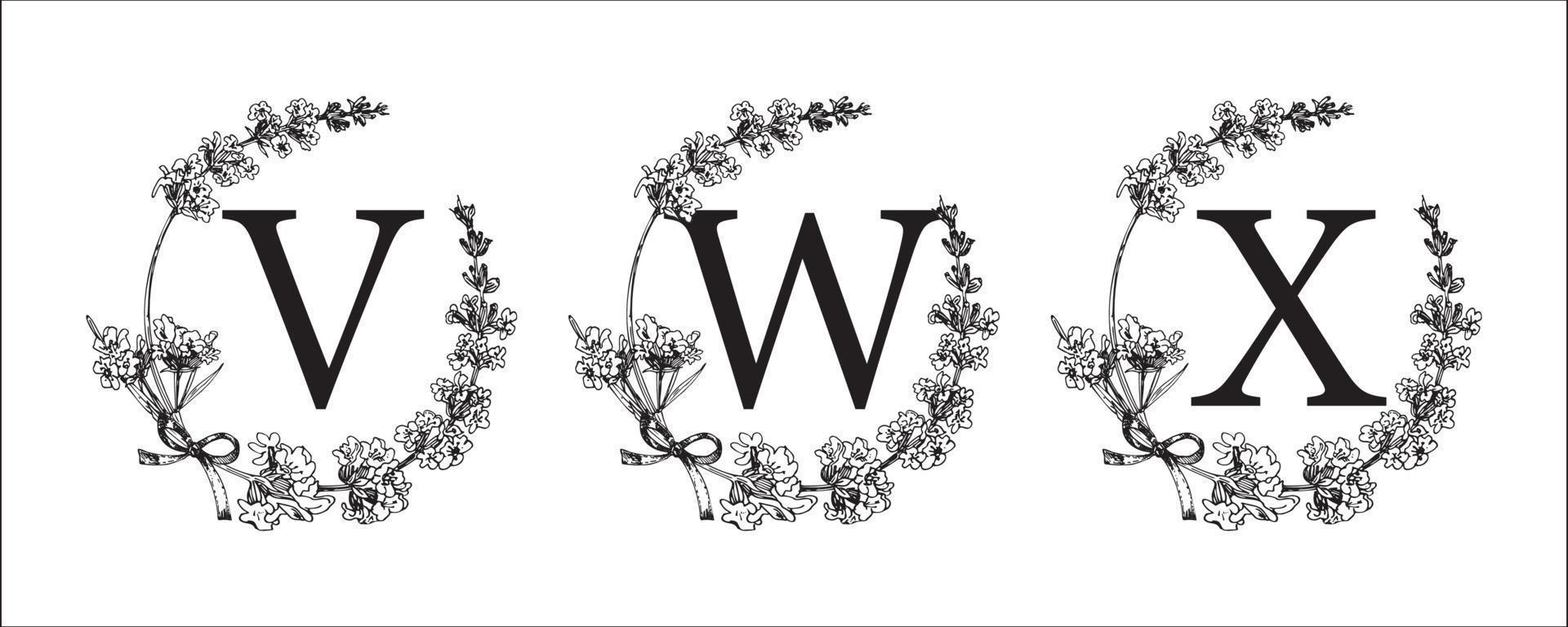 v w x brev. uppsättning modern ritad för hand graverat skiss illustrationer. lavendel- blomma krans med alfabet monogram. Bra aning för bröllop dekor. årgång vektor typografisk emblem, logotyp, märka design.