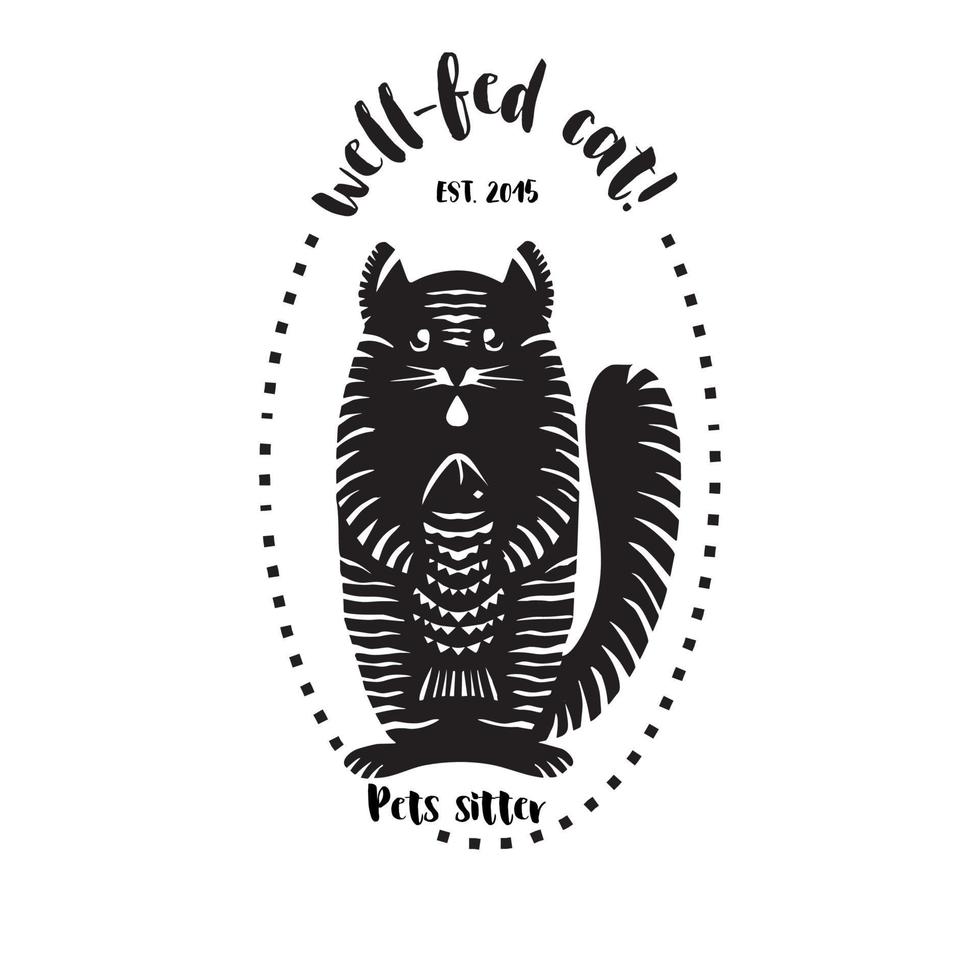 lustige Katze mit Fisch. vorgefertigtes Logo. schwarze und weiße Farben. isolierter Hintergrund. handgezeichnete Stempelsilhouette. Haustiersitter Marke. Vektor