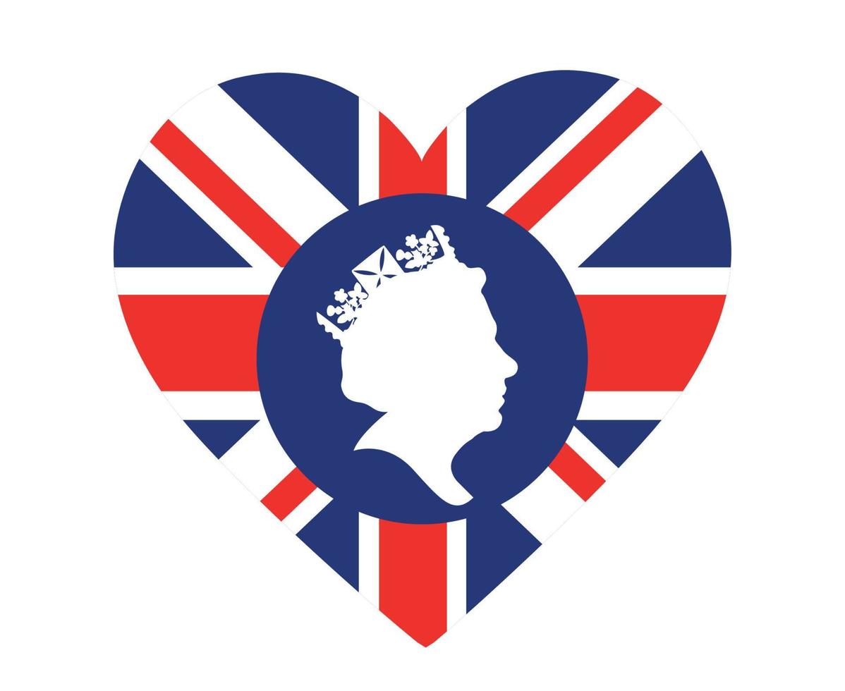 königin elizabeth gesicht weiß mit britischer flagge des vereinigten königreichs nationales europa emblem herz symbol vektor illustration abstraktes design element