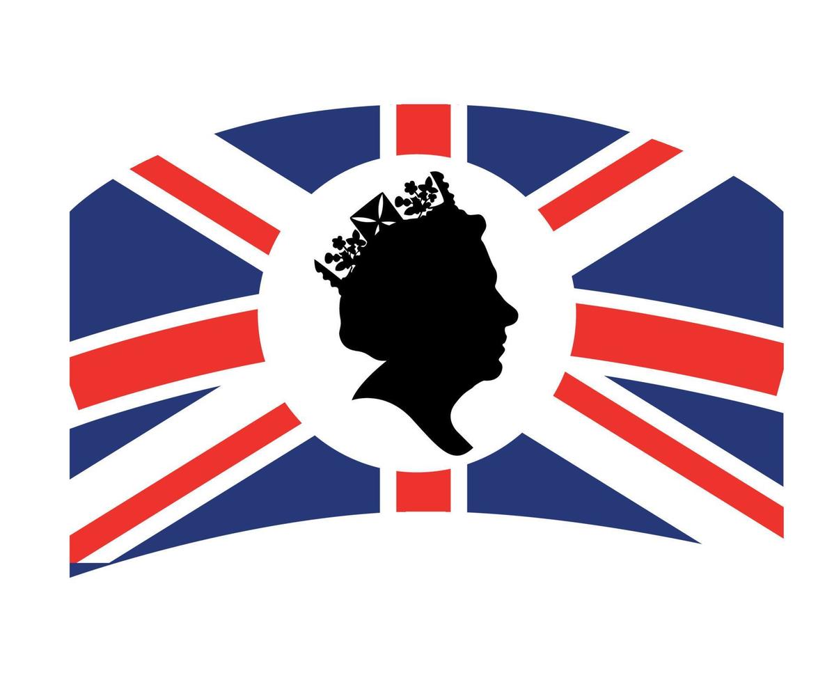 königin elizabeth gesicht schwarz und weiß mit britischer flagge des vereinigten königreichs nationales europa emblem vektorillustration abstraktes gestaltungselement vektor