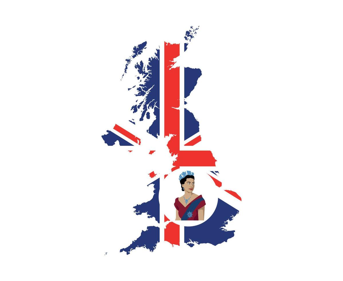 drottning Elizabeth ung porträtt med brittiskt förenad rike flagga nationell Europa emblem Karta ikon vektor illustration abstrakt design element