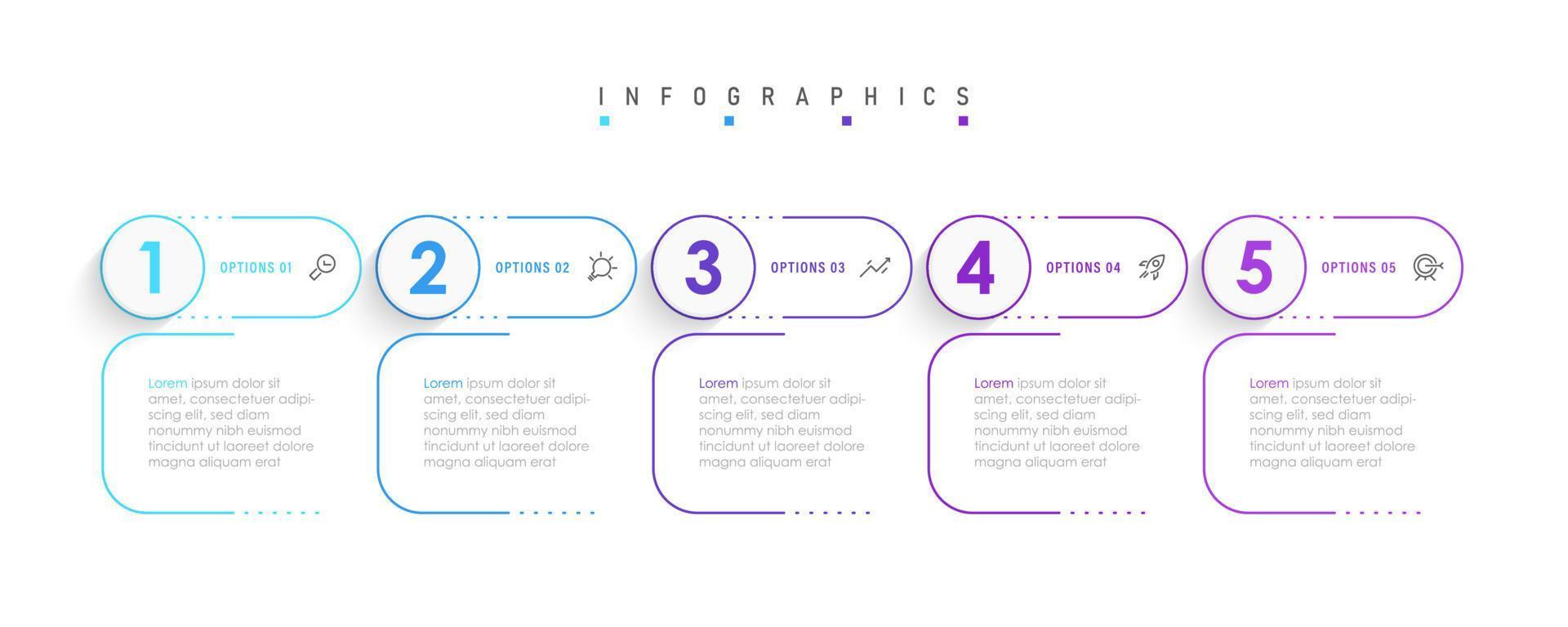 Vektor-Infografik-Etikettendesign-Vorlage mit Symbolen und 5 Optionen oder Schritten. kann für Prozessdiagramme, Präsentationen, Workflow-Layouts, Banner, Flussdiagramme und Infografiken verwendet werden. vektor