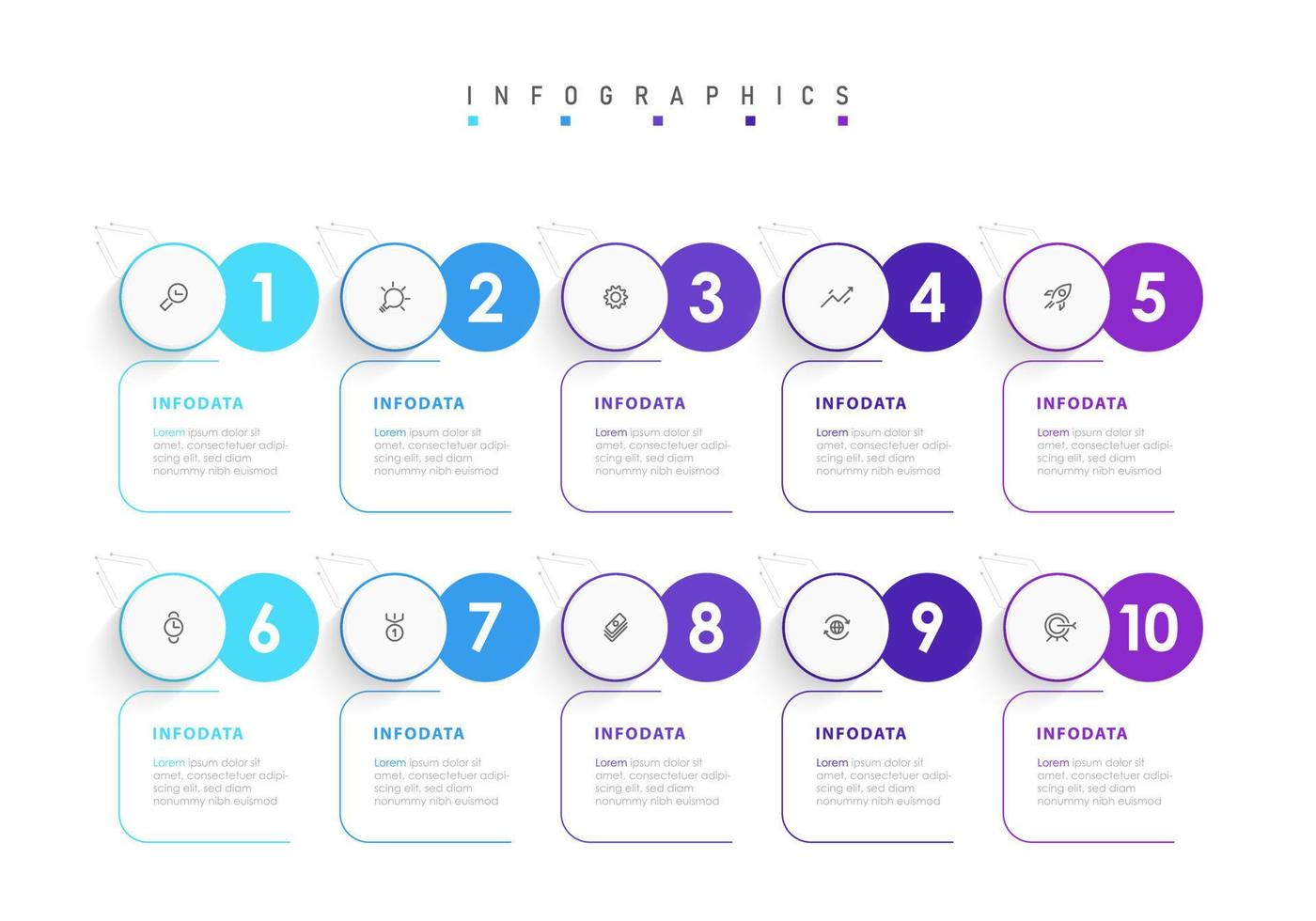 Vektor-Infografik-Etikettendesign-Vorlage mit Symbolen und 10 Optionen oder Schritten. kann für Prozessdiagramme, Präsentationen, Workflow-Layouts, Banner, Flussdiagramme und Infografiken verwendet werden. vektor