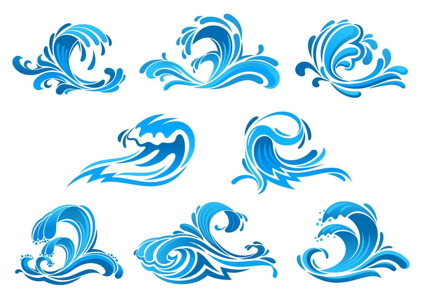 blaue meeres- und ozeanwellen oder surfsymbole vektor