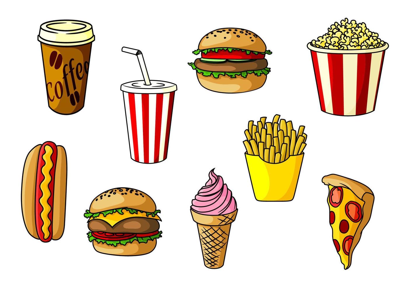Fast-Food-Snacks, Desserts und Getränke vektor