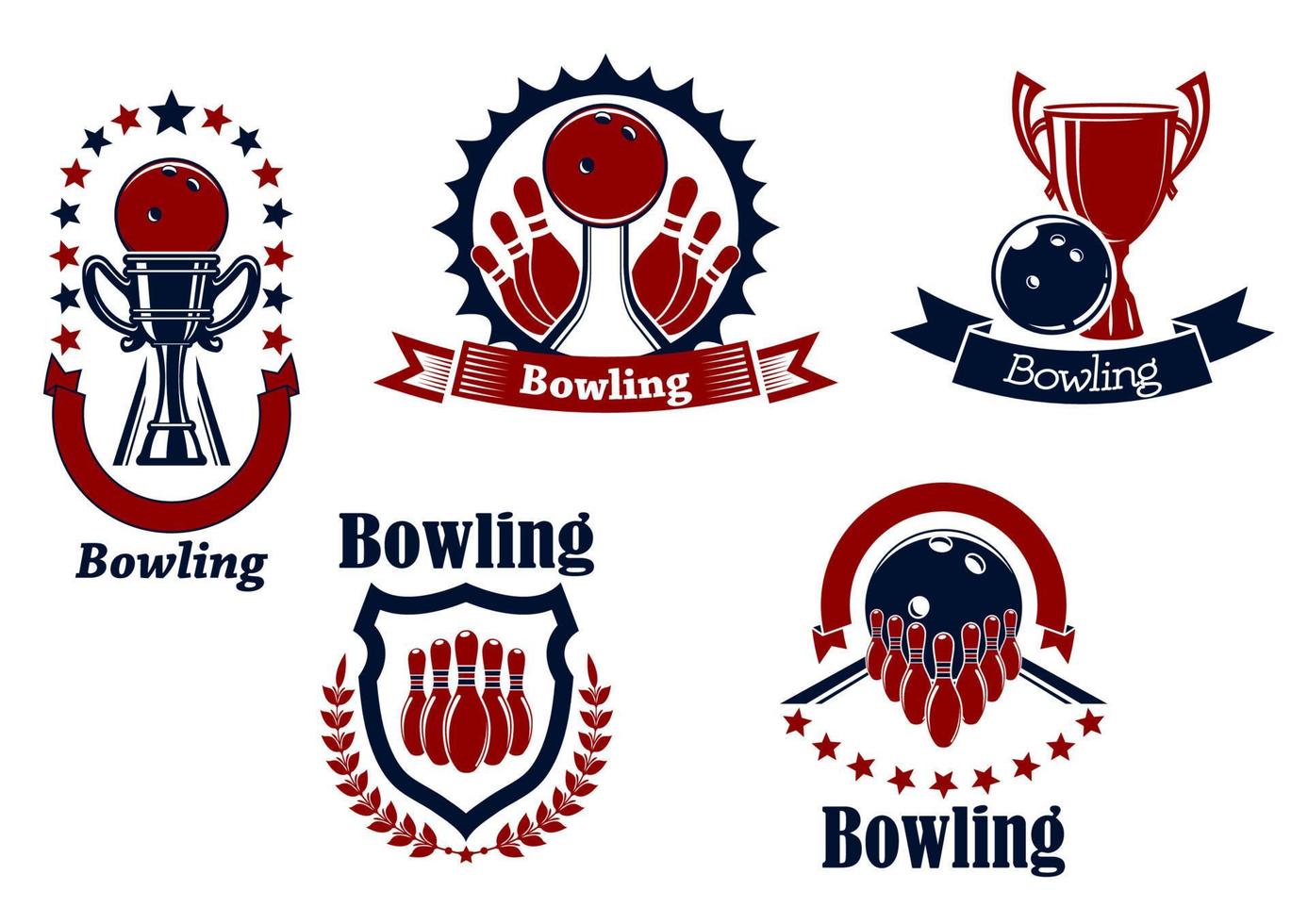 bowling ikoner med bollar, ninepins och trofén vektor