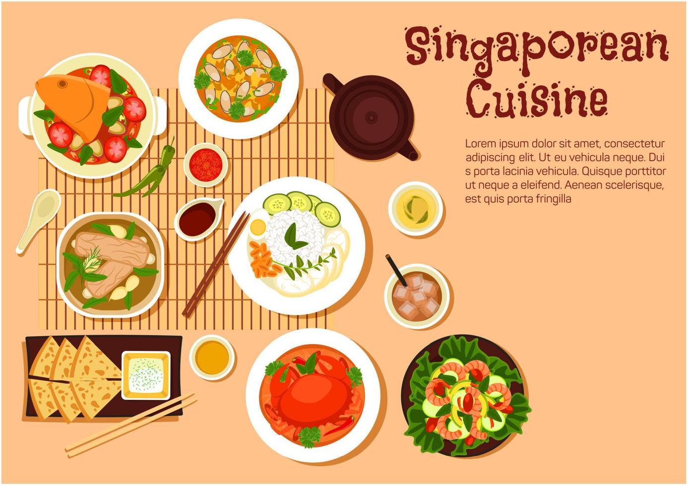 färsk singaporean skaldjur middag platt ikon vektor
