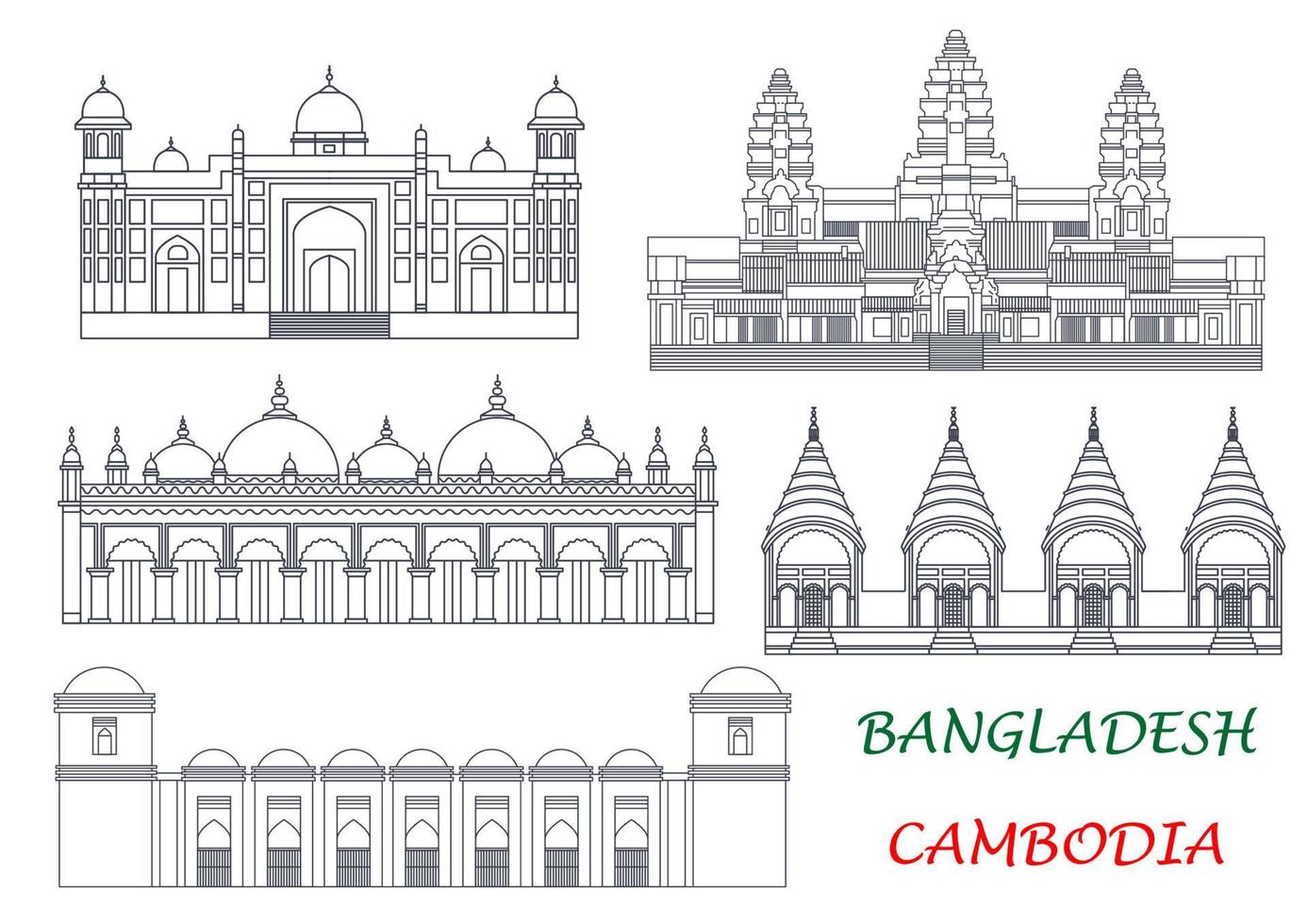 reisen sie wahrzeichen von kambodscha und bangladesch symbole vektor