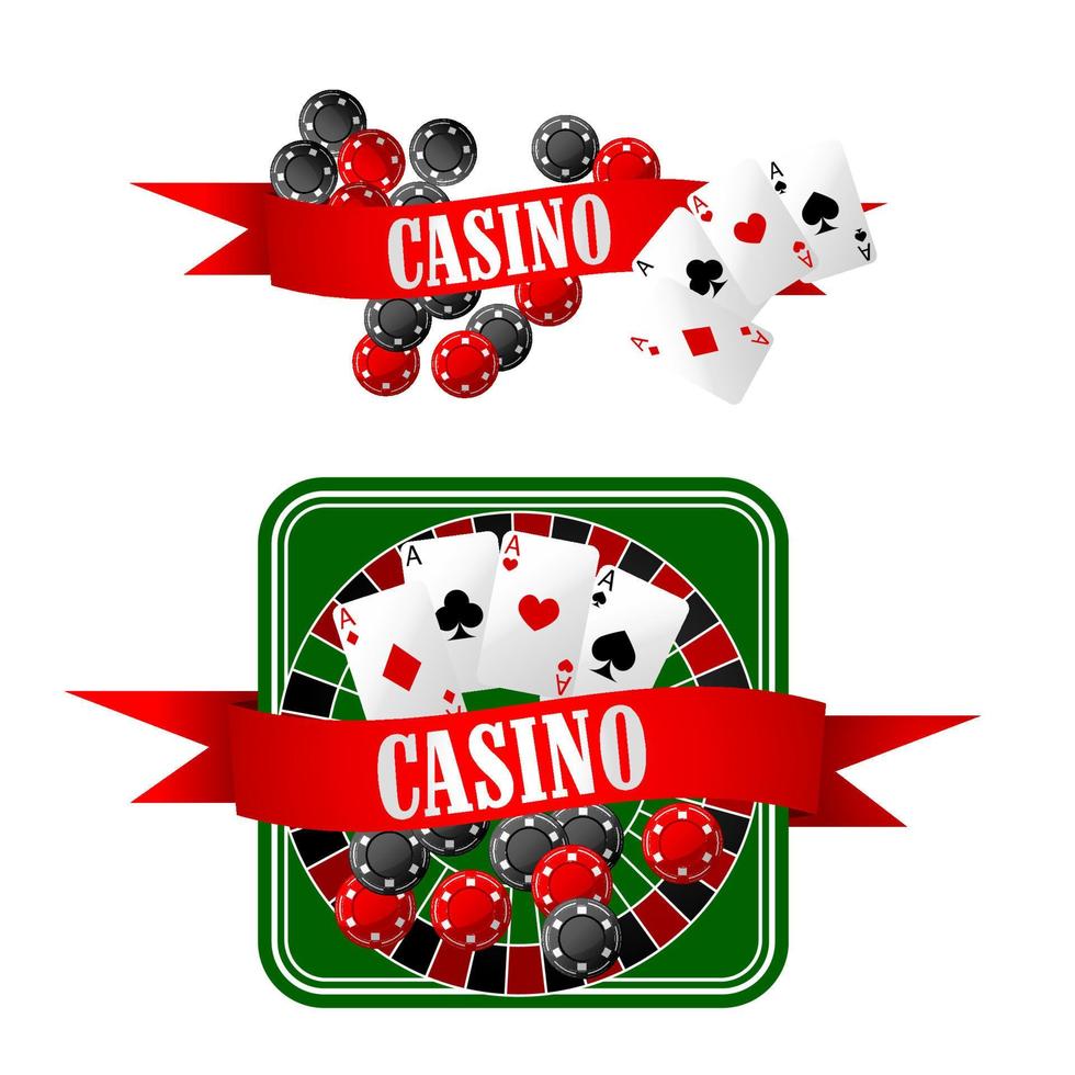 Casino-Symbole mit Würfeln, Chips, Karten und Roulette vektor