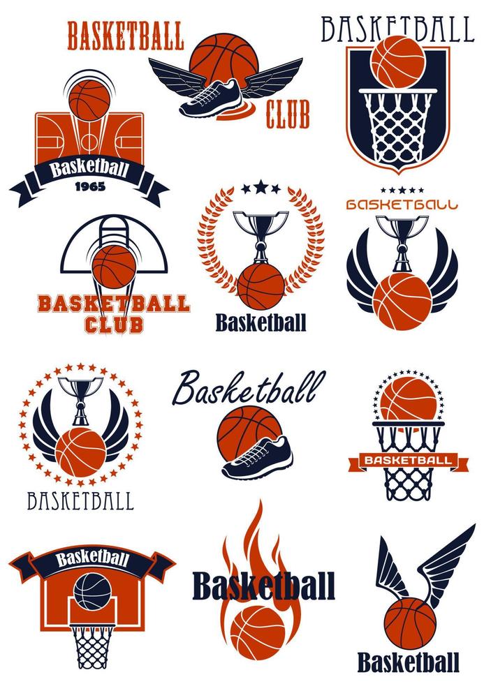 basketboll sport ikoner med spel objekt vektor