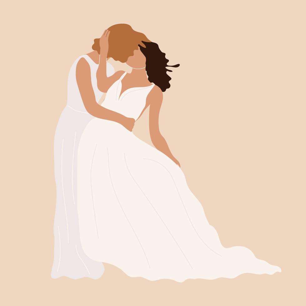 Ehe eines lesbischen Paares. homosexuelle hochzeit. Bräute im Kleid lgbt Jungvermählten. flache vektorillustration lokalisiert auf weißem hintergrund vektor