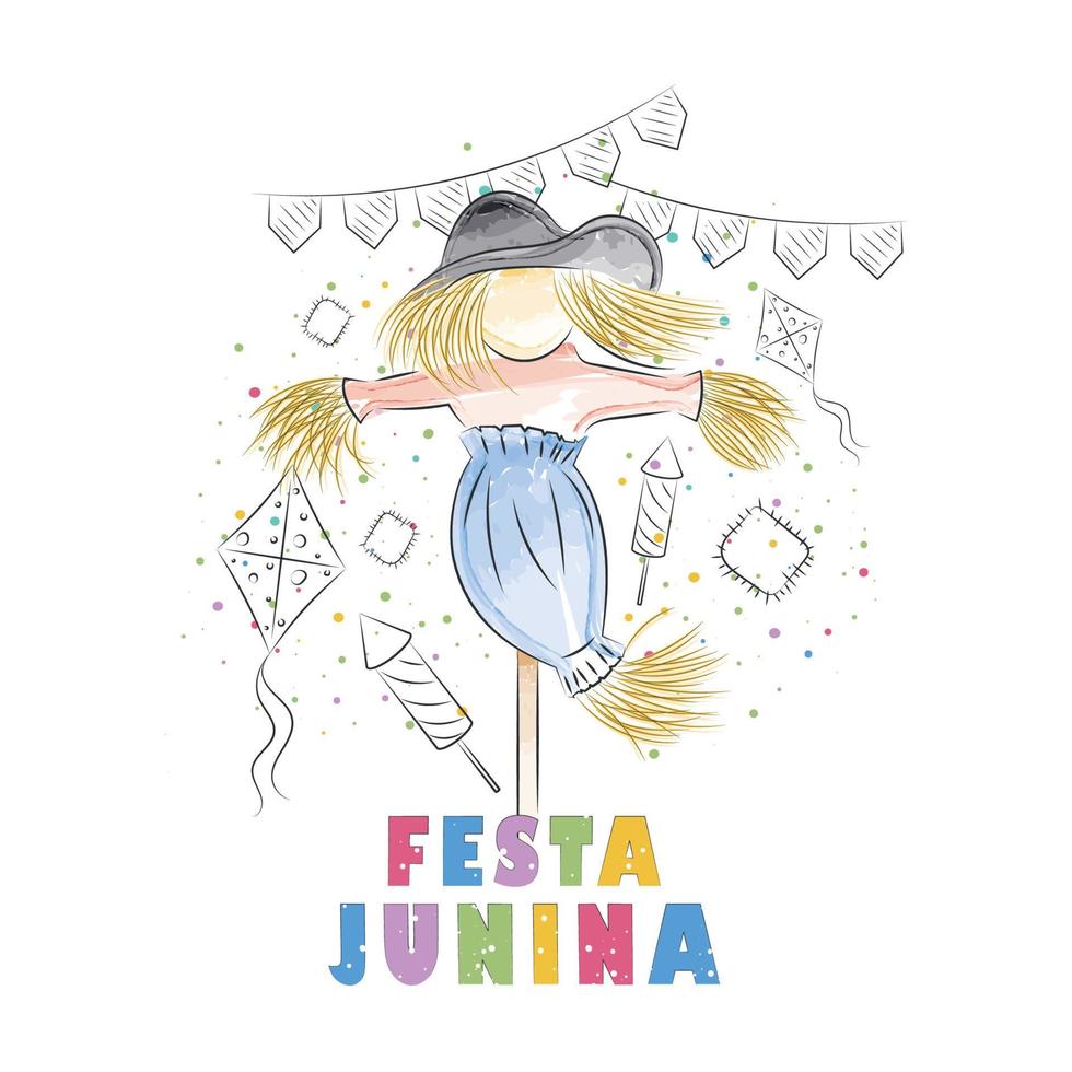 vattenfärg scarecrow tecknad serie karaktär festa junina affisch vektor illustration