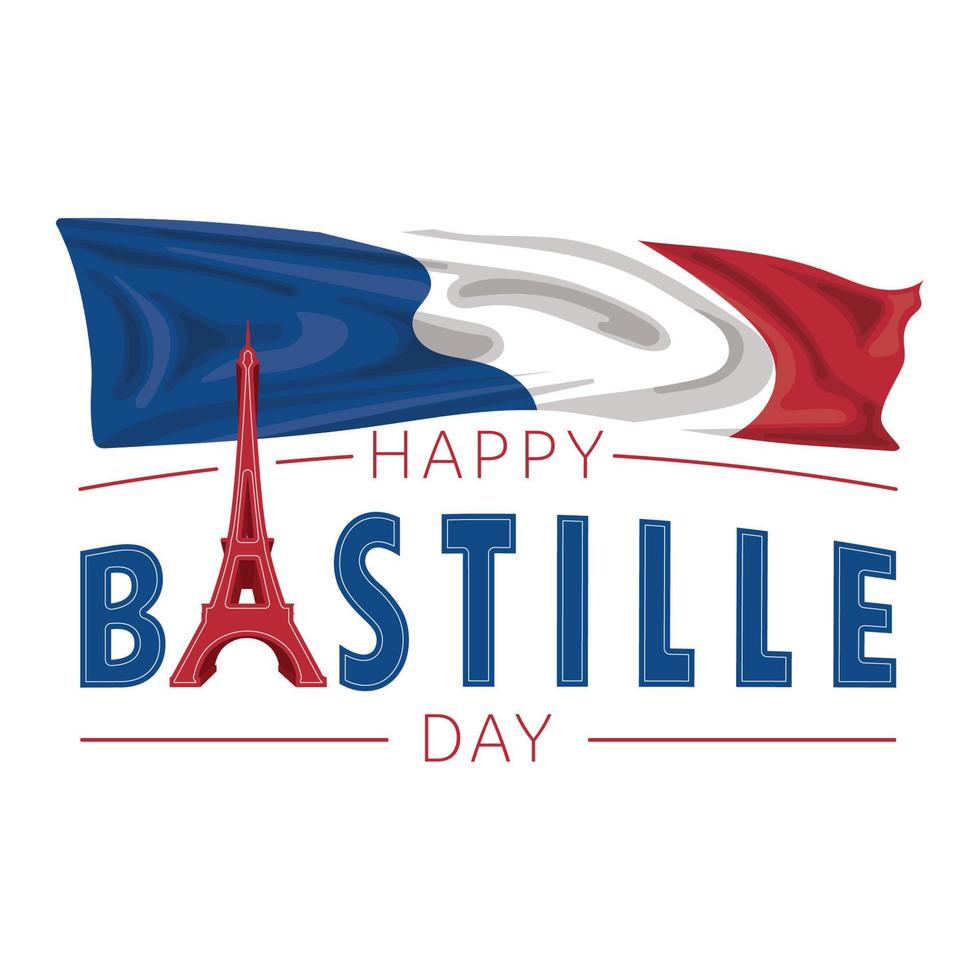 schwenkende flagge von frankreich mit eiffelturmmarkstein glücklicher bastille-tagesvektorillustration vektor