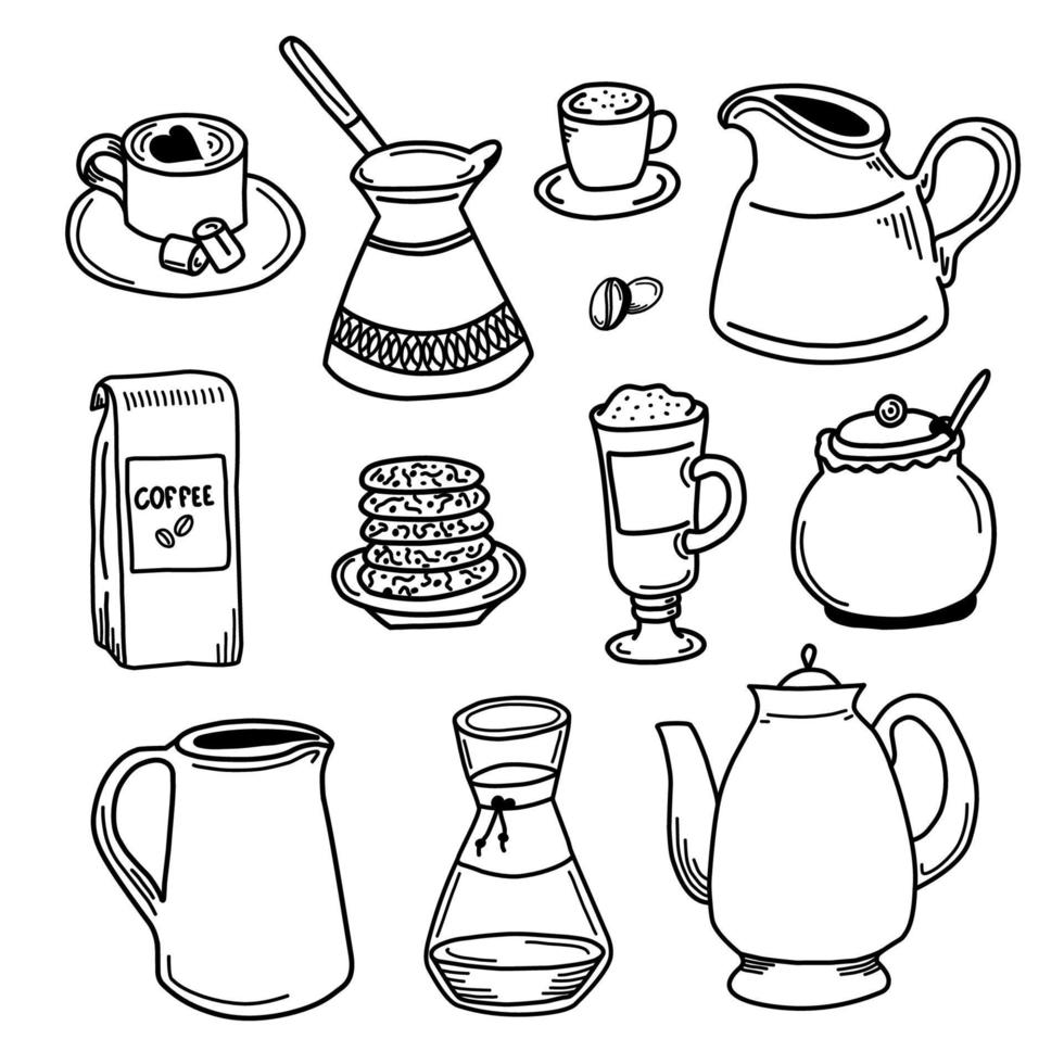 eine reihe von küchenwerkzeugen mit gekritzeln. Küchengeräte für die Zubereitung von Kaffee, Milchkaffee, Cappuccino, Geschirr, Teekannen, Tassen und Küchengeräte. Vektor-Illustration. isoliert vektor