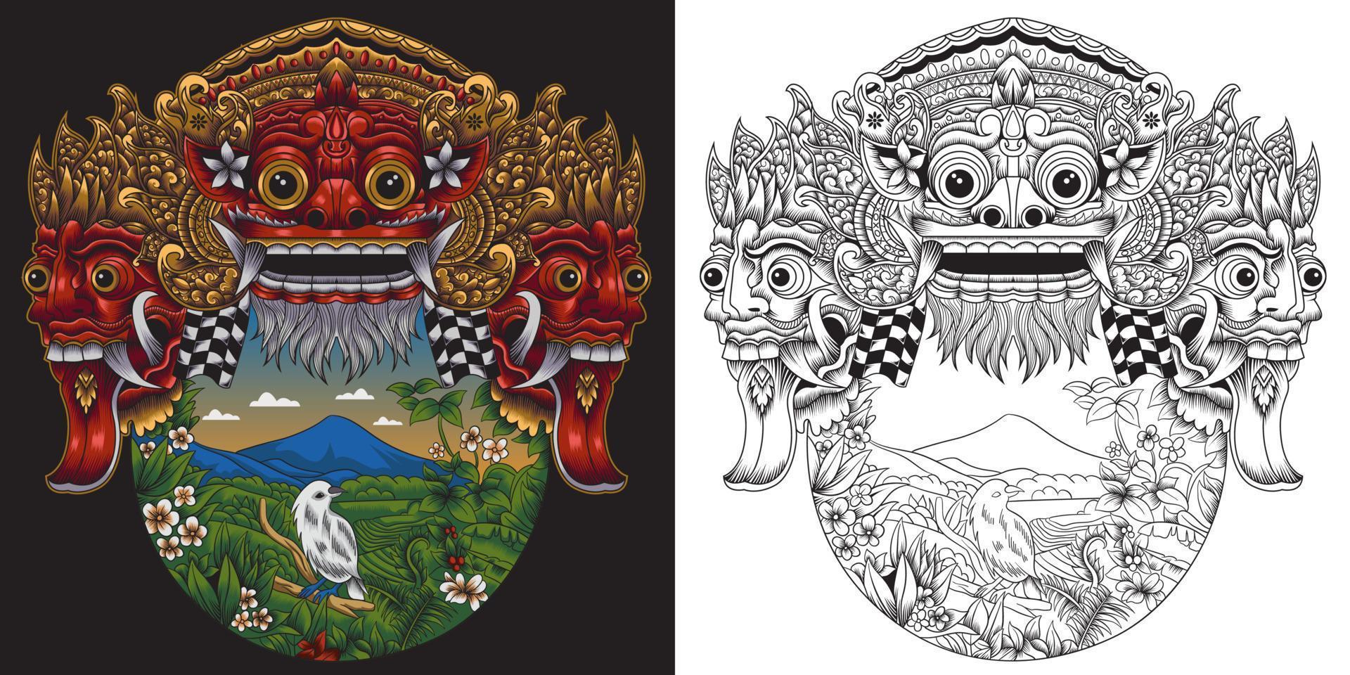 die insel der götter vektorillustration. Barong-Maske mit balinesischer Landschaft. vektor