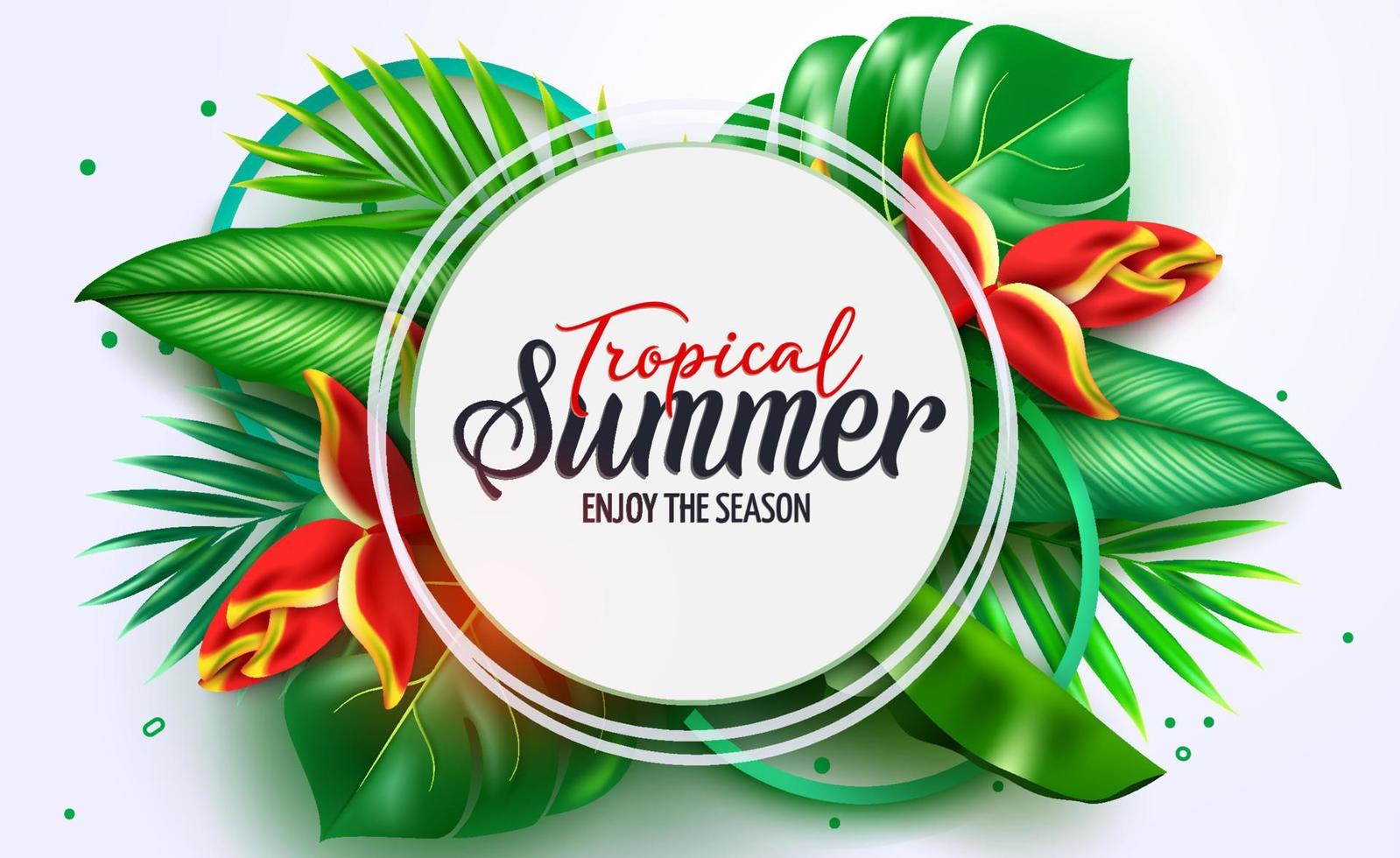 Sommer-Vektor-Template-Design. tropischer sommertext im weißen kreisraum mit pflanzenblättern von monstera, heliconia und palme für feiertagsgrüße. Vektor-Illustration. vektor