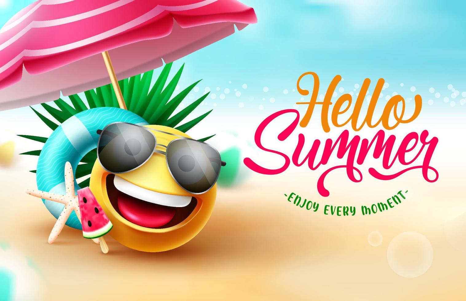 Sommer-Gruß-Vektor-Design. hallo sommertext im strandhintergrund mit emoji-charakter, regenschirm und schwimmerelementen für sonnige tropische saison. Vektor-Illustration. vektor