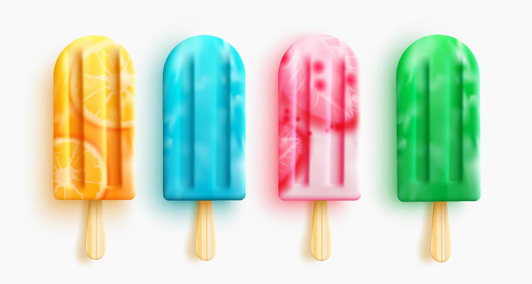 Eis am Stiel-Vektor-Set-Design. Popsicle-Desserts mit Orangen-, Erdbeer- und süßen Aromen einzeln auf weißem Hintergrund für eine realistische 3D-Sammlung. Vektor-Illustration. vektor